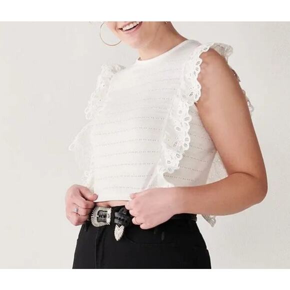 SO Tops - So White Cropped Eyelet Sleeveless Broderie Frill Cotton Top Women's Medium
